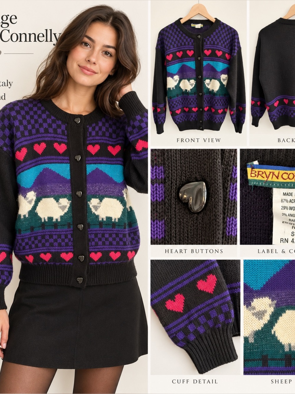 Vintage Bryn Connelly Sheep Heart Cardigan Small Wool Angora Made Italy